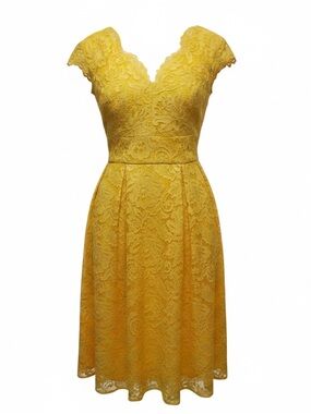 Chetta B Yellow Lace Midi Fit-and-Flare Dress